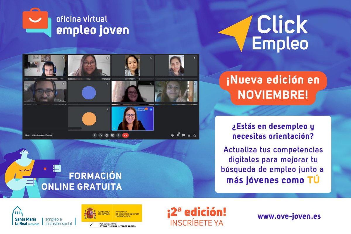 AreaEmpleoFSMLR's tweet photo. 💻 La Oficina Virtual de Empleo Joven 🟧 #OVEJOVEN 🟪 ha realizado la 1ª edición de 🖱️ #ClickEmpleo, una actividad grupal 100% #online y #gratuita en la que #jóvenes en desempleo actualizan sus #competenciasdigitales para buscar #trabajo 👌 Nueva edición: https://t.co/pqAxRqiTgo https://t.co/ZnTvHgRgMo