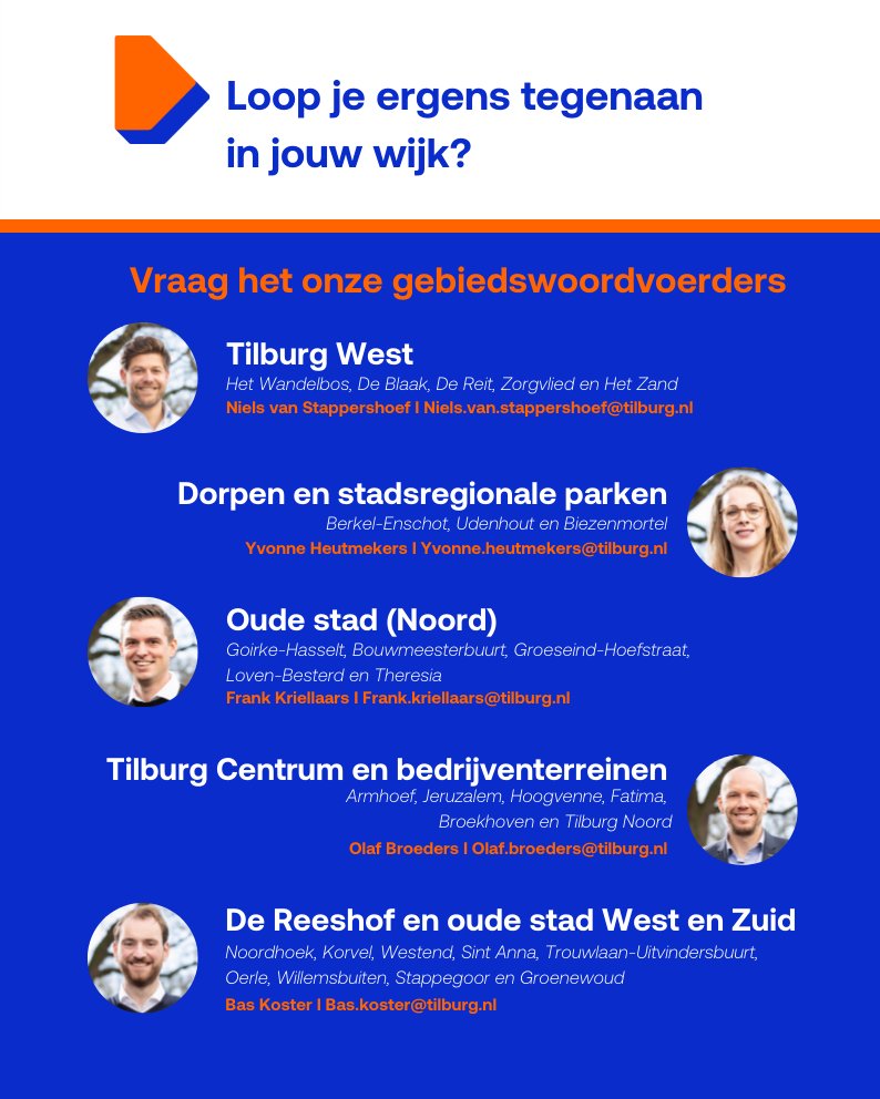 Even opnieuw voorstellen. Dit zijn onze raadsleden van de Tilburgse VVD en eveneens onze oren en ogen in de wijk en de dorpen. 
Dus loop je ergens tegenaan in je wijk of dorp dan horen we dat graag. Vraag het onze gebiedswoordvoerders.