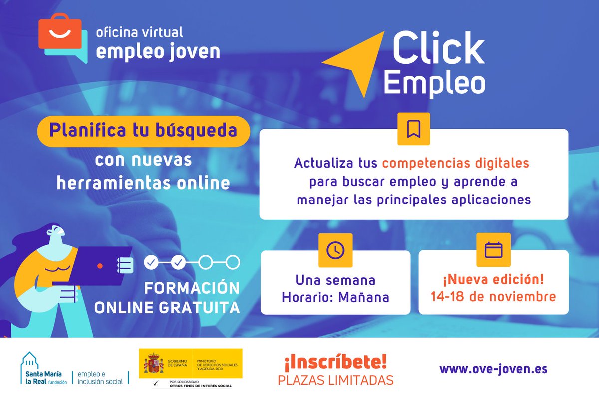 AreaEmpleoFSMLR's tweet photo. 📢 #NuevaEdición de 🖱️ #ClickEmpleo
🗓️ Del 14 al 18 de noviembre
Aprenderás a buscar #empleo a través de nuevas #herramientasdigitales y junto a más #jóvenes en #desempleo como TÚ
🔴 #AbiertaInscripción ¡Atención! #PlazasLimitadas ¡Apúntate ya! https://t.co/KZeRBp04Ul https://t.co/epXuB9uoe9
