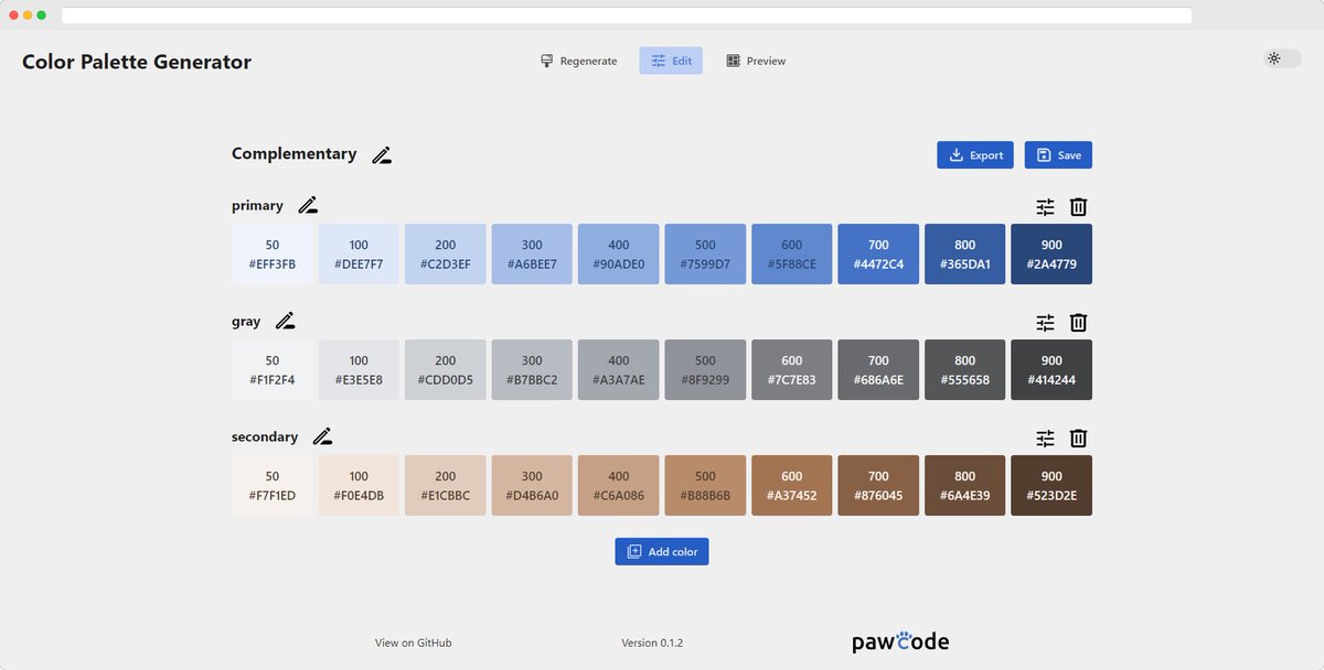 pawcode's tweet photo. Der #ColorPaletteGenerator hat ein komplett neues Design spendiert bekommen. Außerdem könnt ihr ab sofort eure ganz eigene Farbpalette aus nur einer Farbe generieren lassen.
Probiert es gerne aus und gebt mir euer Feedback!
Danke an @sampeniak für die Design Ideen! https://t.co/J78z0rFoIh
