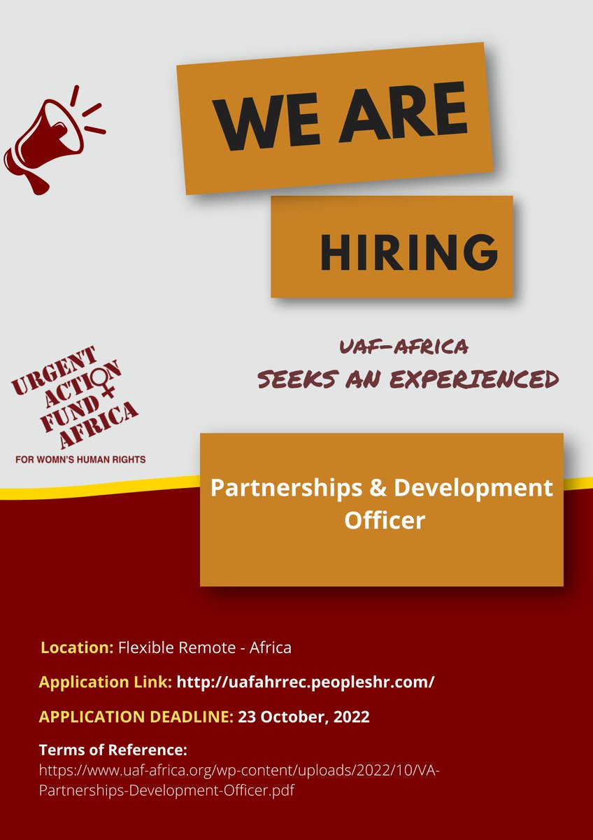 UAFAfrica's tweet photo. Work with Us!
@UAFAfrica is looking for a Partnerships &amp; Development Officer
Contract Type: 3 Years Fixed Term 
Application Link: https://t.co/FL1Fcvqaw3
Find out more about the job here: https://t.co/DqOlAKaNVm
Deadline: 23 October 2022 https://t.co/Fzv42O1ijU
