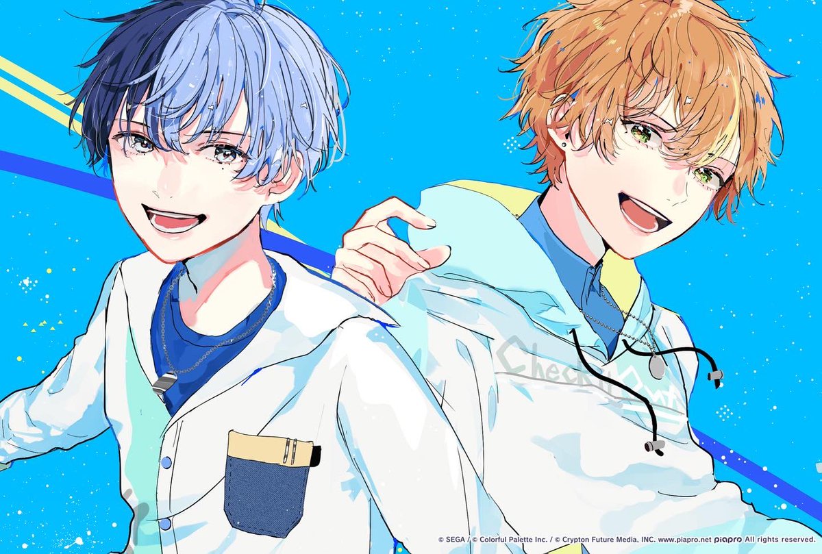 2boys multiple boys split-color hair male focus hood blue hair smile  illustration images