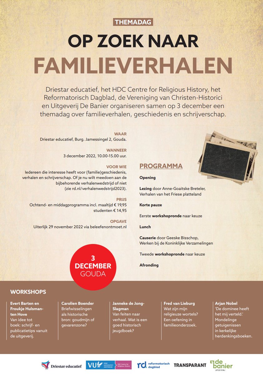 Het HDC doet mee aan een boeiend project van <a href="/refdag/">RD.nl</a> over familie(geschiedenis)verhalen. Te beginnen met een themadag op 3 december met workshops van historici <a href="/EnnydeBruijn/">Enny de Bruijn</a> <a href="/carolienboender/">Carolien Boender</a> Geeske Bisschop <a href="/huygens_knaw/">Huygens Instituut - KNAW</a> <a href="/ArjanNobel/">Arjan Nobel</a> <a href="/fredvanlieburg/">Fred van Lieburg</a>