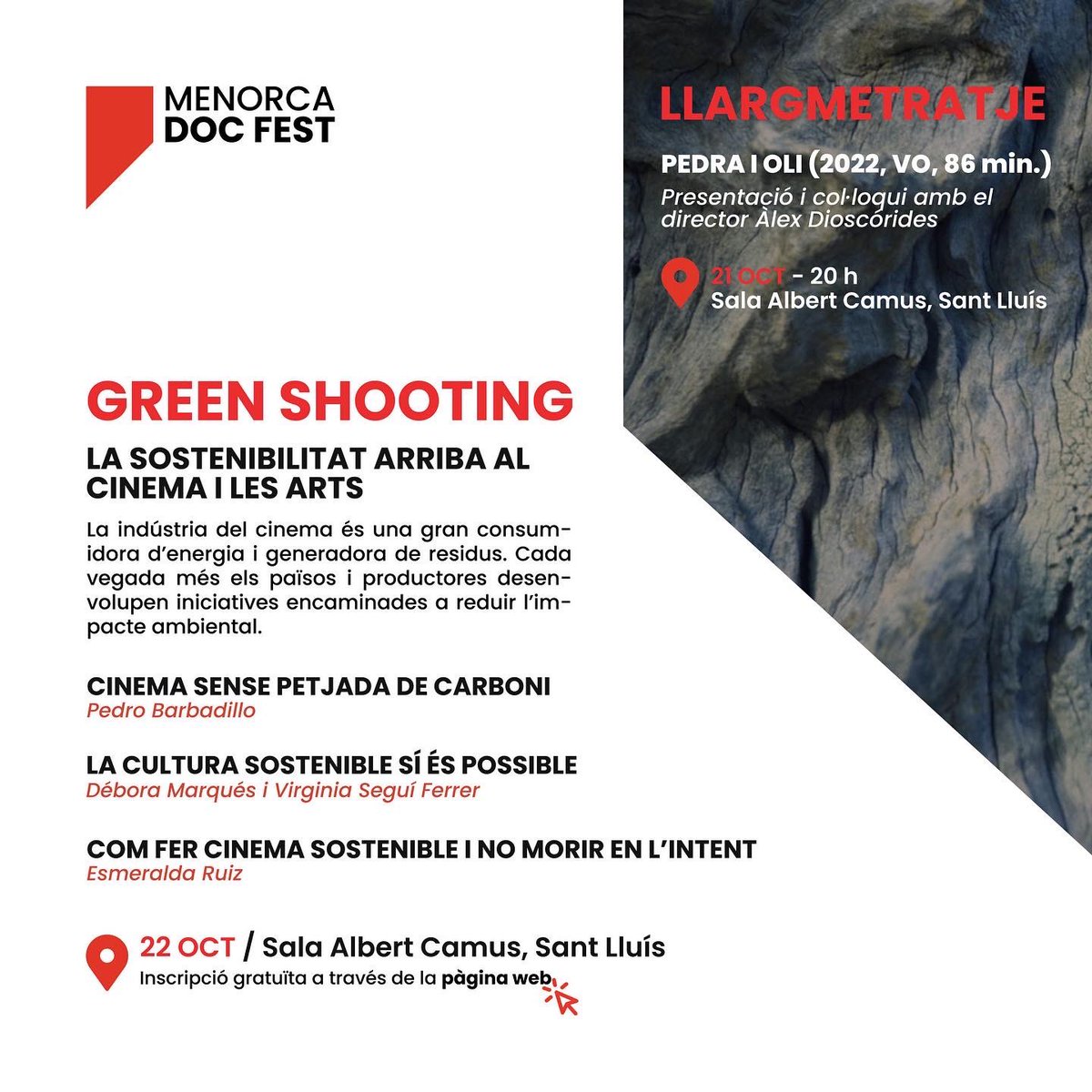 MenorcaDocFest's tweet photo. dies 21 i 22 d’octubre #menorcadocfest arriba a @albertcamus de Sant Lluís💥 
🗓21/10 Projecció de Pedra i Oli 🎞 Presentació i col•loqui amb el director @alexdioscorides

🗓22/10 Conferències Green Shooting, la sostenibilitat arriba al cinema i les arts. (Inscripció prèvia) https://t.co/jn0eY1G7zs