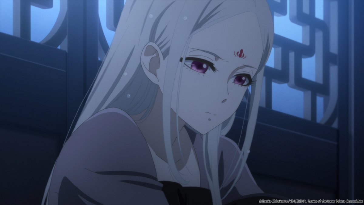 [애니플러스 10/9 01:00 방송 『후궁의 까마귀』 2화 "비취 귀고리 후편"] -귀고리의 주인은 반 앵녀로, 십 년 전 세 번째 비를 독살했다고 의심받아...