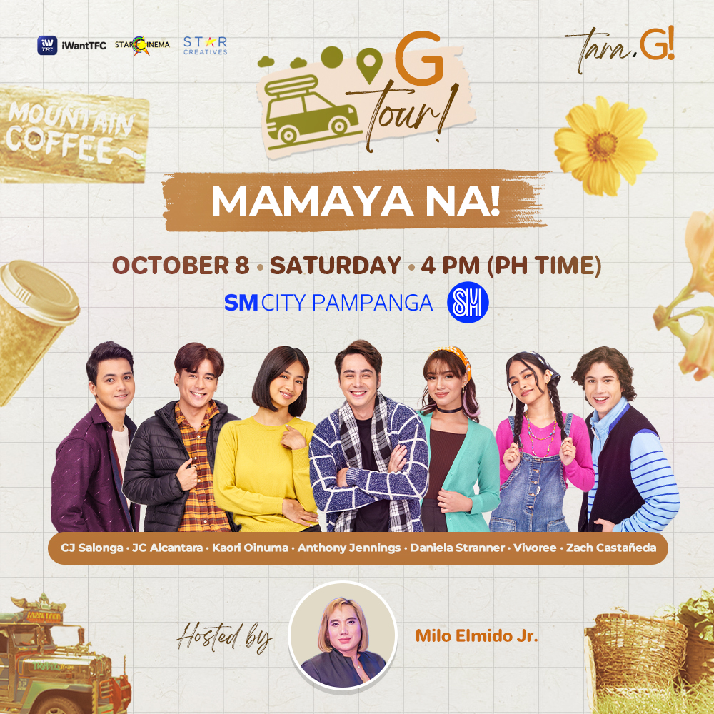 #TaraG later sa SM City Pampanga for the #GTour with Team WISE! 😍 See you at 4PM with Anthony, Kaori, JC, Daniela, Vivoree, Zach, and CJ! Hosted by Milo. @StarCinema @StarCreativesTV