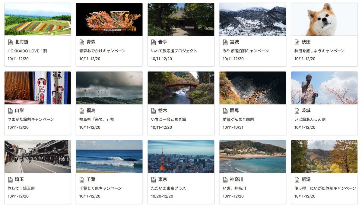TravelDB_'s tweet photo. 全国旅行支援の情報がまとまってきたので、それぞれのwebページをまとめました！基本的には、10/11〜12/20までが実施期間になります。予算の関係で早めに終わる可能性もあるので注意が必要です🚩

併用可能なクーポンもあるようなので、わかり次第まとめていきます！
https://t.co/kMoJoSJin0 https://t.co/wUZRmgYjRX