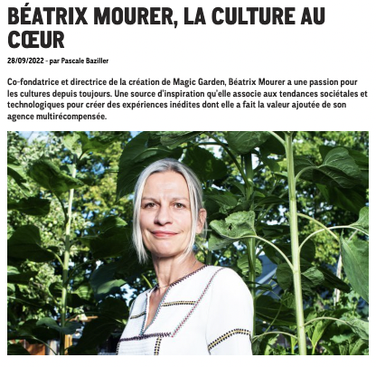 [🎙#INTERVIEW]
Merci à <a href="/Strategies/">Strategies</a> pour leur mise à l’honneur de la démarche culturelle de Magic Garden et de sa co-fondatrice :
“ Beatrix Mourer a une passion pour les cultures depuis toujours. Une source d’inspiration qu’elle associe aux tendances sociétales et technologiques."