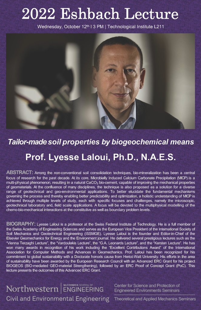 BiogeosH2020's tweet photo. Mark your calendars! The 2022 Eshbach Lecture “Tailor-made soil properties by biogeochemical means” by @LyesseLaloui is in less than 1 week! @ERC_Research #BioGeotech 🦠🏗️ https://t.co/OXZXaPVmkq