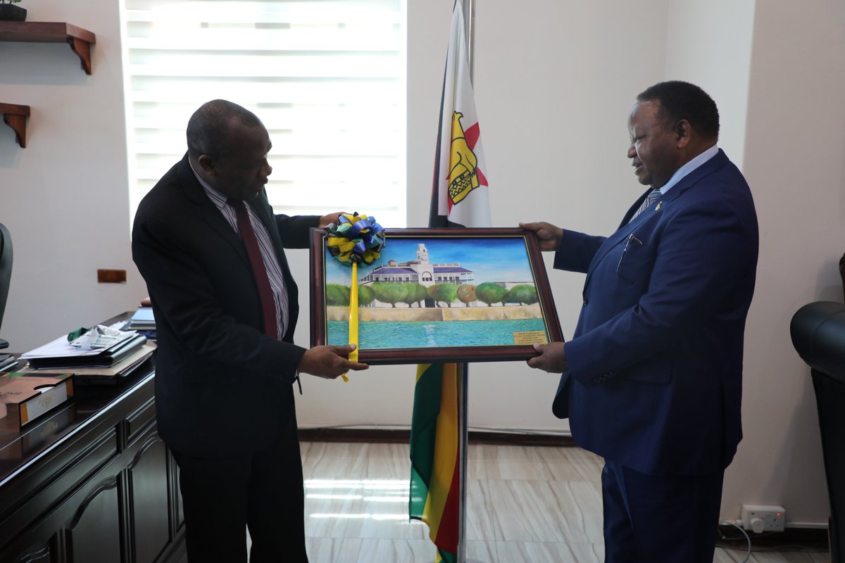 Prof. Emmanuel Mbennah, Tanzania's outgoing Ambassador, paid a farewell courtesy call on Minister <a href="/ShavaHon/">Hon. Frederick M. M. Shava</a> at his Munhumutapa offices this morning.