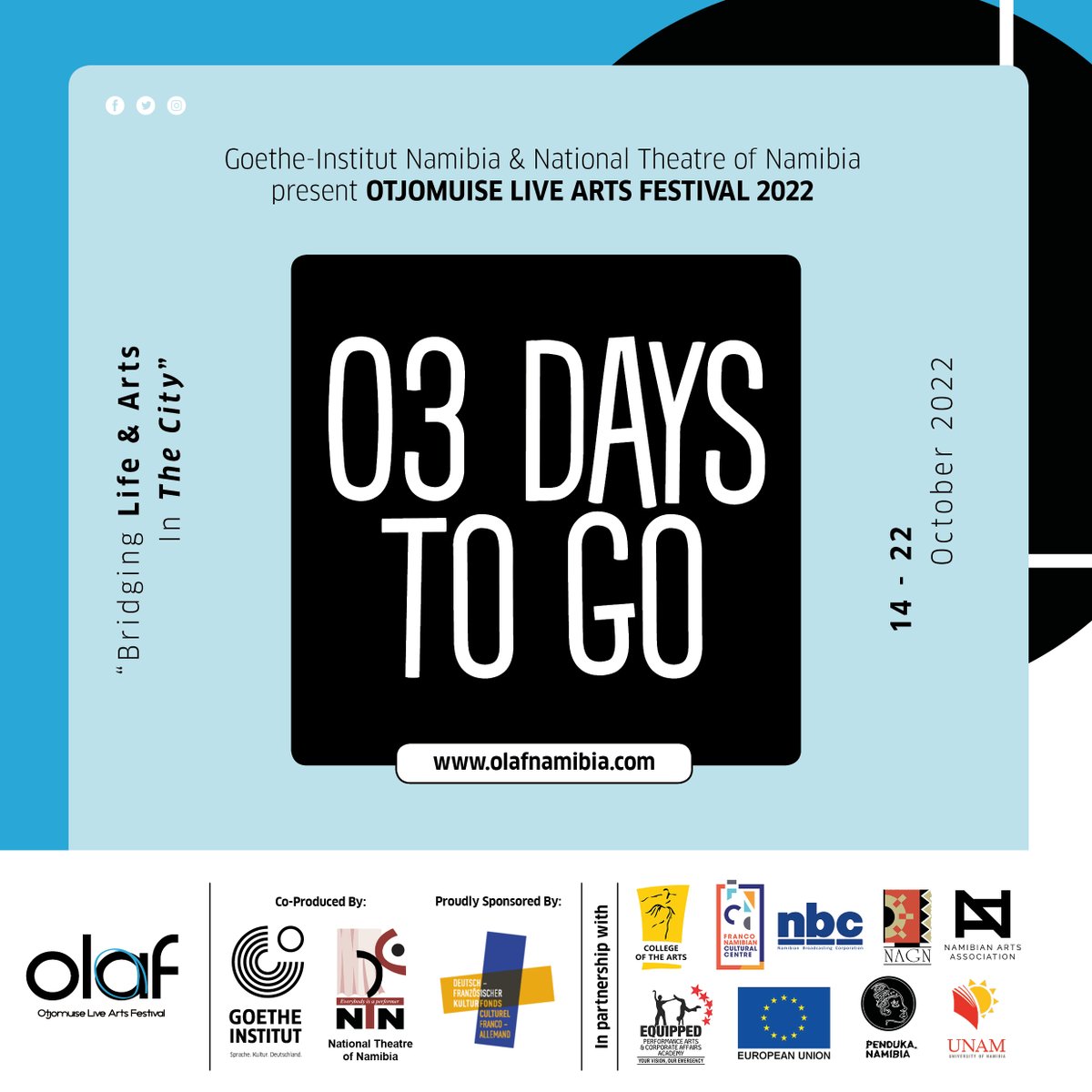 OLAF_Namibia's tweet photo. The pressure is getting weesssaaa!
ONLY 3 DAYS TO GO!
#olafnamibia #olaf2022 #bridginglifeandartsinthecity #windhoekcity https://t.co/NxkE8mpJk1