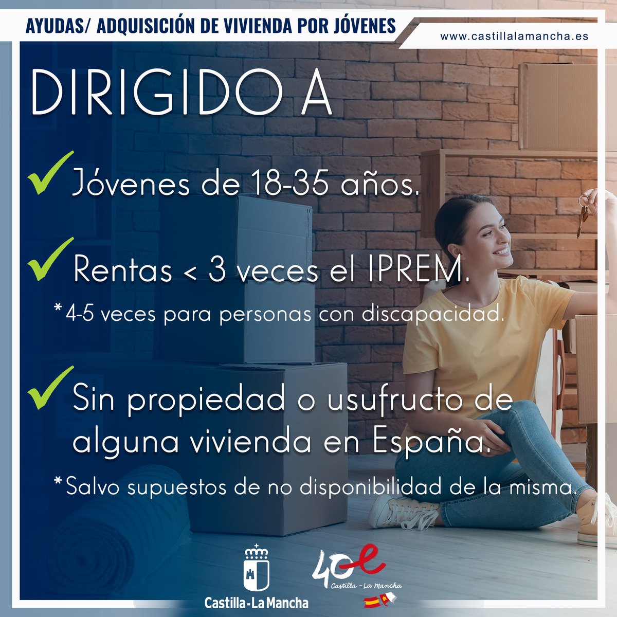gobjccm's tweet photo. 🏠 Ya puedes pedir las ayudas a la adquisición de vivienda por jóvenes para contribuir al reto demográfico.

🗝️ Hasta 10.800 euros en municipios de hasta 10.000 habitantes.

Consulta todas las condiciones 👉 https://t.co/c0gbJR8z06 https://t.co/l5eiiGl9a2