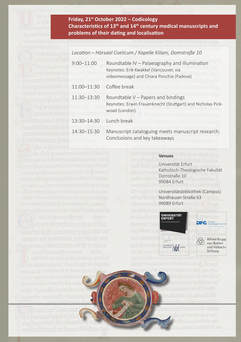 Am 20.+21. Oktober veranstalten die UB Erfurt und das Handschriftenzentrum der @ubleipzig einen Workshop zu den medizinischen Handschriften der Bibliotheca Amploniana - mit vielversprechendem Programm! Deadline für die Anmeldung zum Workshop (neu): 12.10. uni-erfurt.de/bibliothek/ueb…