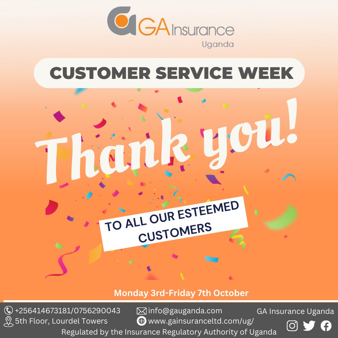 ga_uganda's tweet photo. We take pride in your business with us. Thanks for choosing us and we at GA Insurance Uganda appreciate the opportunity to serve you.
#GAInsuranceUganda #CustomeServiceWeek #customservice https://t.co/OWY8HCuG2V