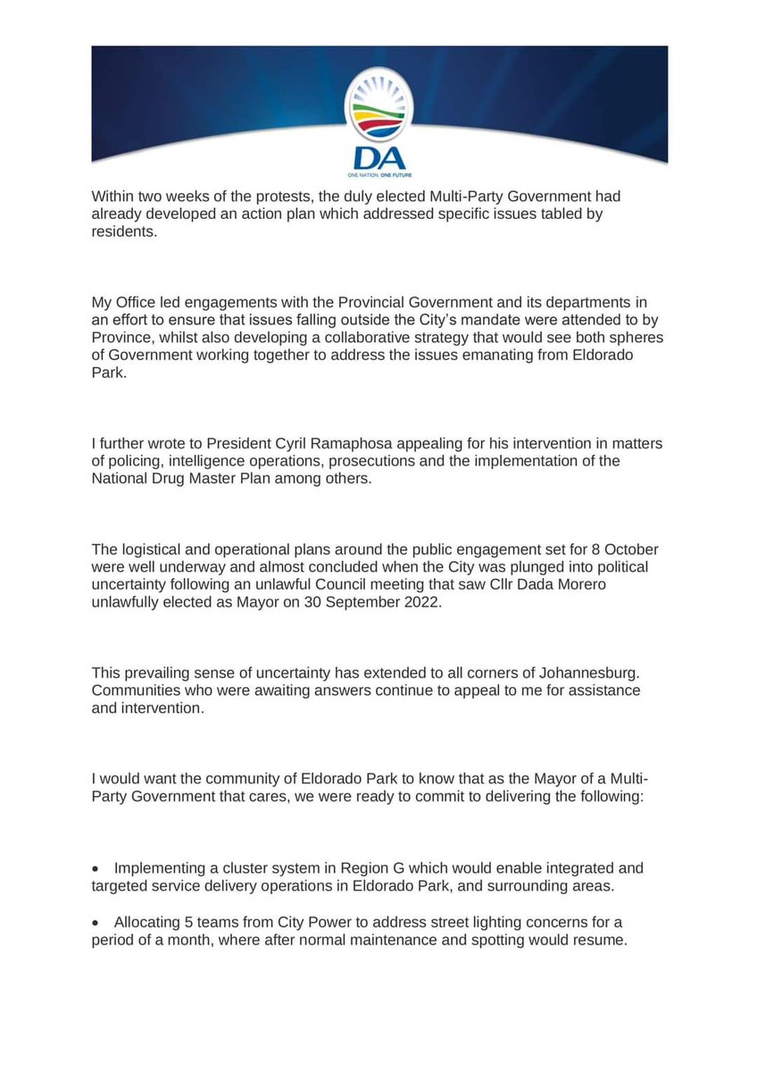 mphophalatse1's tweet photo. I call on the new ANC-run Council to meet with the Eldorado Park community tomorrow, 8 October 2022, to reassure them that the action steps that were in place to deal with their concerns will continue to be carried out. #HandsOffJoburg https://t.co/OCOwHYgsgE