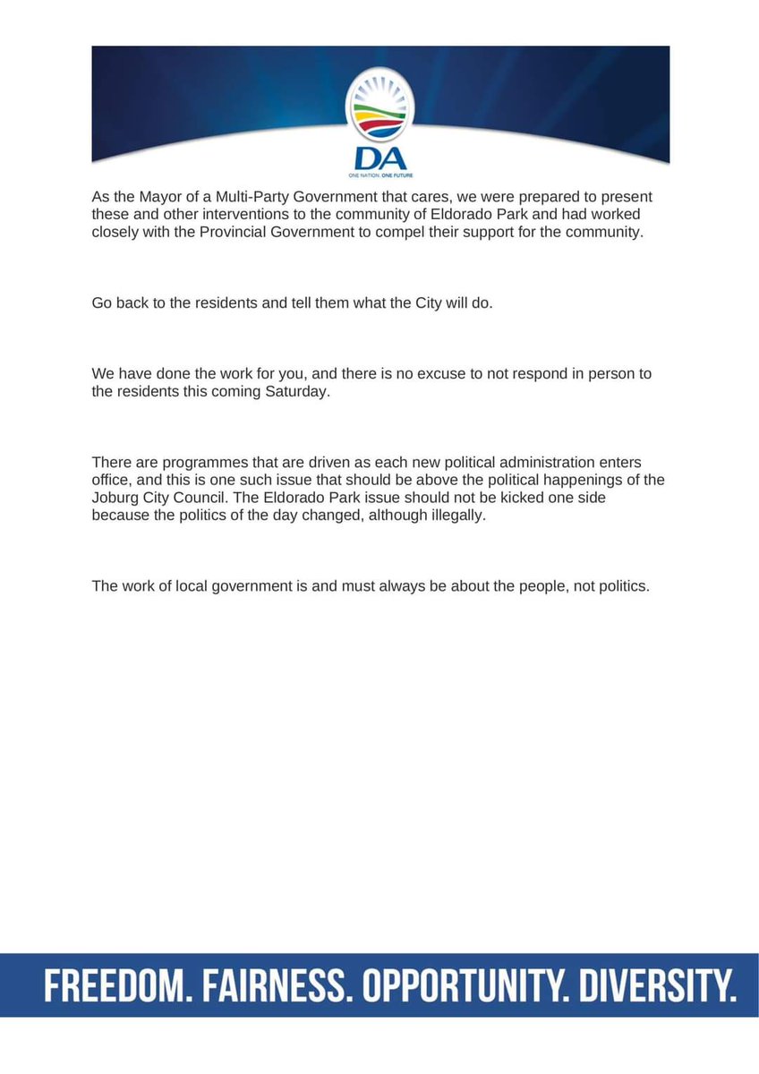mphophalatse1's tweet photo. I call on the new ANC-run Council to meet with the Eldorado Park community tomorrow, 8 October 2022, to reassure them that the action steps that were in place to deal with their concerns will continue to be carried out. #HandsOffJoburg https://t.co/OCOwHYgsgE