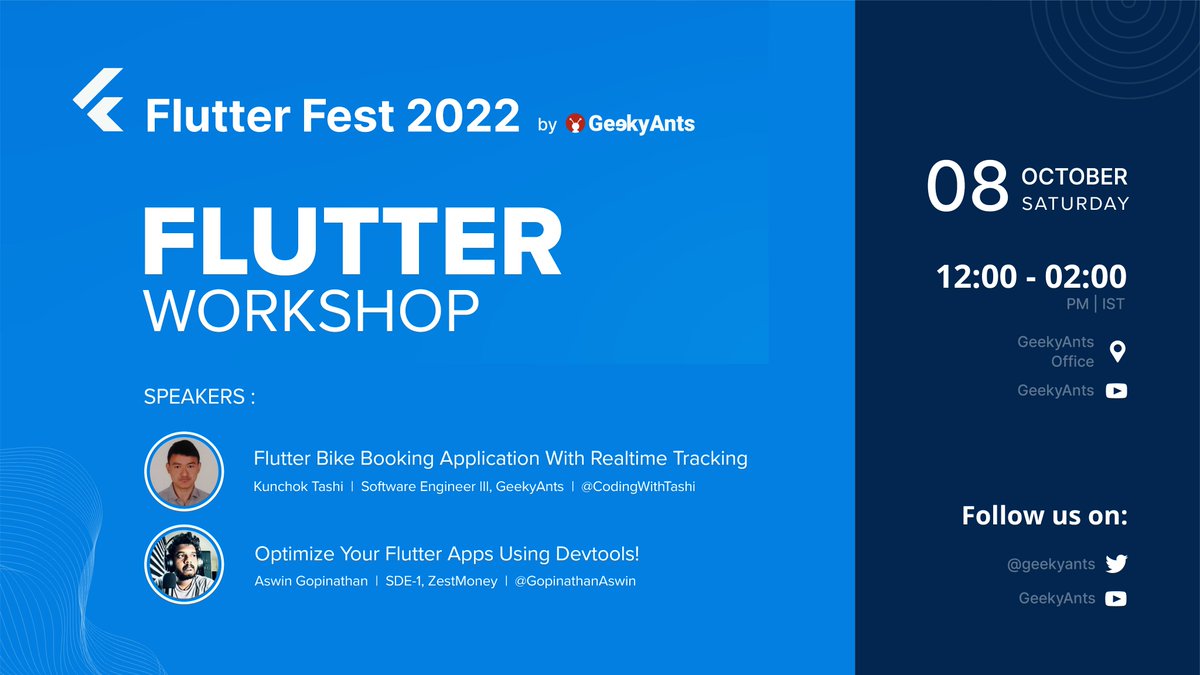 geekyants's tweet image. Q: What's different about #FlutterFest? 🤔
A: Free workshops, open to all! 🤩
Yes! Join us at the GeekyAnts Office, at 12 PM IST, to learn from @CodingWithTashi & @GopinathanAswin.
Excited? Just fill out this form - docs.google.com/forms/d/1THmKG…
Don't forget to carry your laptop! 💻
