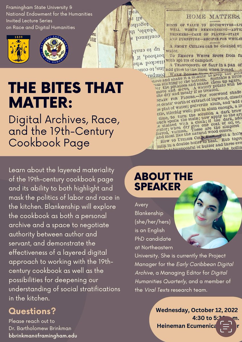 DHCenter_fsu's tweet photo. This Wednesday, October 12, from 4:30 to 5:30 p.m. at the Heineman Ecumenical Center, the Digital Humanities Center will host this discussion with Dr. Avery Blankenship

We look forward to seeing you there. If you have any questions, please email bbrinkman@framingham.edu. https://t.co/2TAOwdJS0D