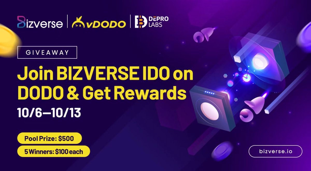 Depro_Labs's tweet photo. 🎉Win a whitelist spot in @BizverseWorld IDO and 500$USDT #Giveaway 🏆

Complete the tasks to win a spot + 100 $USDT in the upcoming #bizverse #IDO on DODO @BreederDodo! 

Enter Here👉 https://t.co/jyQp2nEroE https://t.co/i0hHH9b7gB