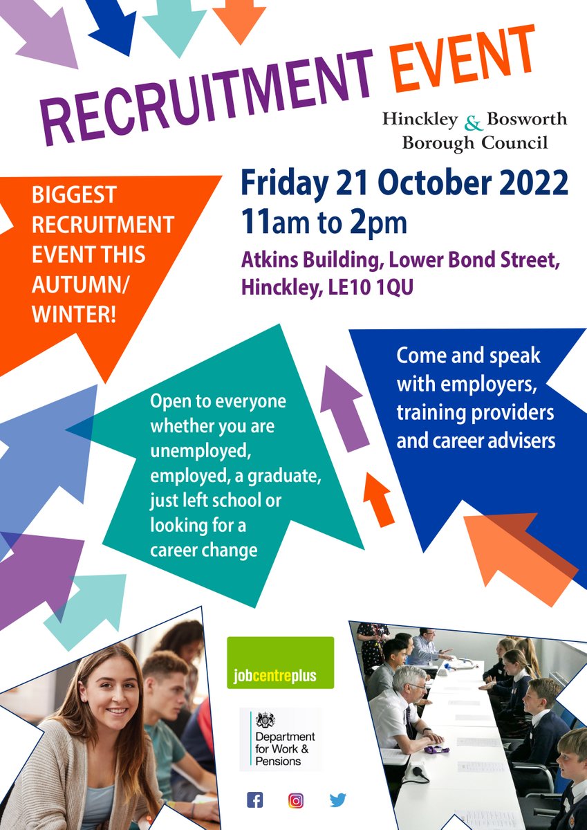 Join us at the Atkins Building for the biggest recruitment event this autumn and winter. 
Whether you're looking for work or you fancy a change of career, drop in between 11am and 2pm on Friday 21 October to speak with employers, training providers and careers advisors.