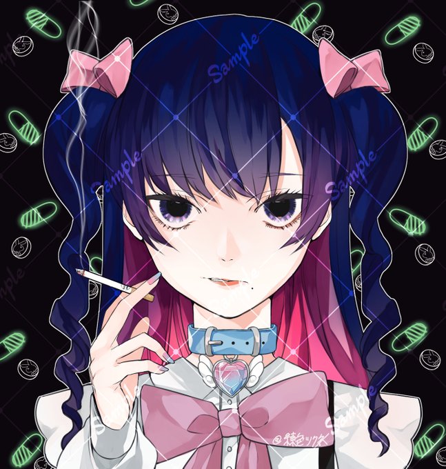 【お仕事】アイコンイラストお仕事を頂きました。地雷系女子がタバコを持っている所とのご依頼でした少し歪ませた口元、キラキラな瞳にタバコハートと羽のモチーフも描いてて凄く楽しかったです!#依頼絵 