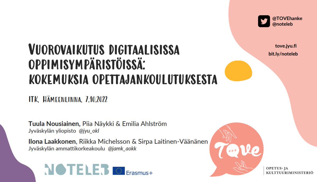 TOVEhanke's tweet image. Kiitoksia mielenkiinnosta esitystämme kohtaan #vuorovaikutus #digitaalisissa #oppimisympäristöissä #ITK2022 Esitysdiat löytyvät täältä tove.jyu.fi/wp-content/upl…