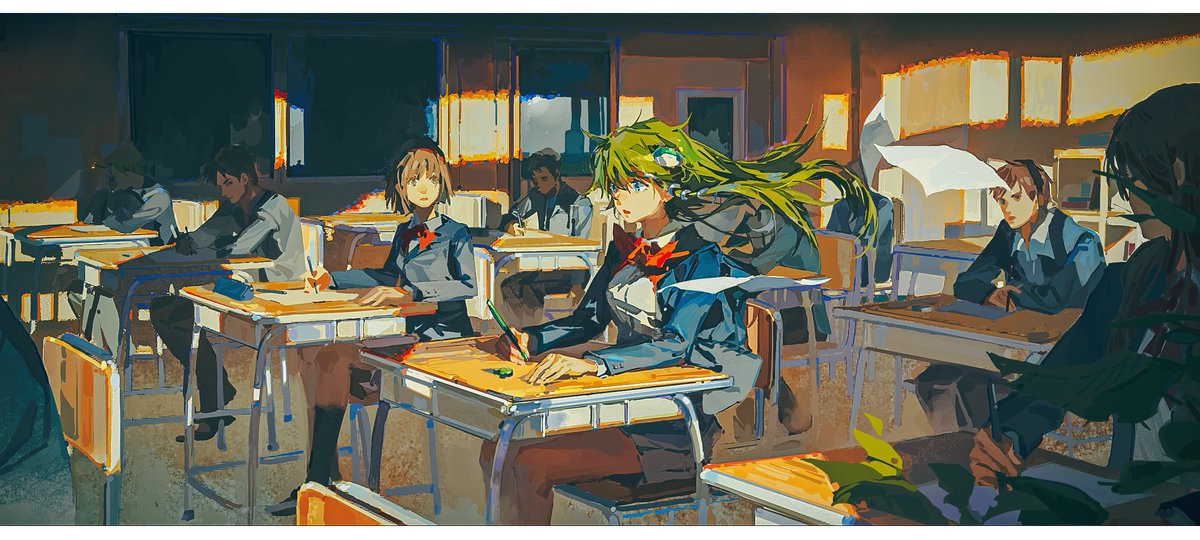 kochiya sanae classroom multiple girls desk green hair sitting school uniform long hair  illustration images