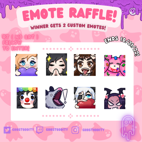 ghoulotic's tweet image. 👻EMOTE RAFFLE GIVEAWAY!👻

🎃1 Winner 🎃
🖤Follow Me 
🖤Like &amp;amp; RT (No QRT)
💀Winner announced 10/21/22 💀
✰Good Luck! ✰

#emotes #emoteraffle #freeemote #twitchemotes #twitchemoteraffle #freetwitchemote #artraffle #twitch