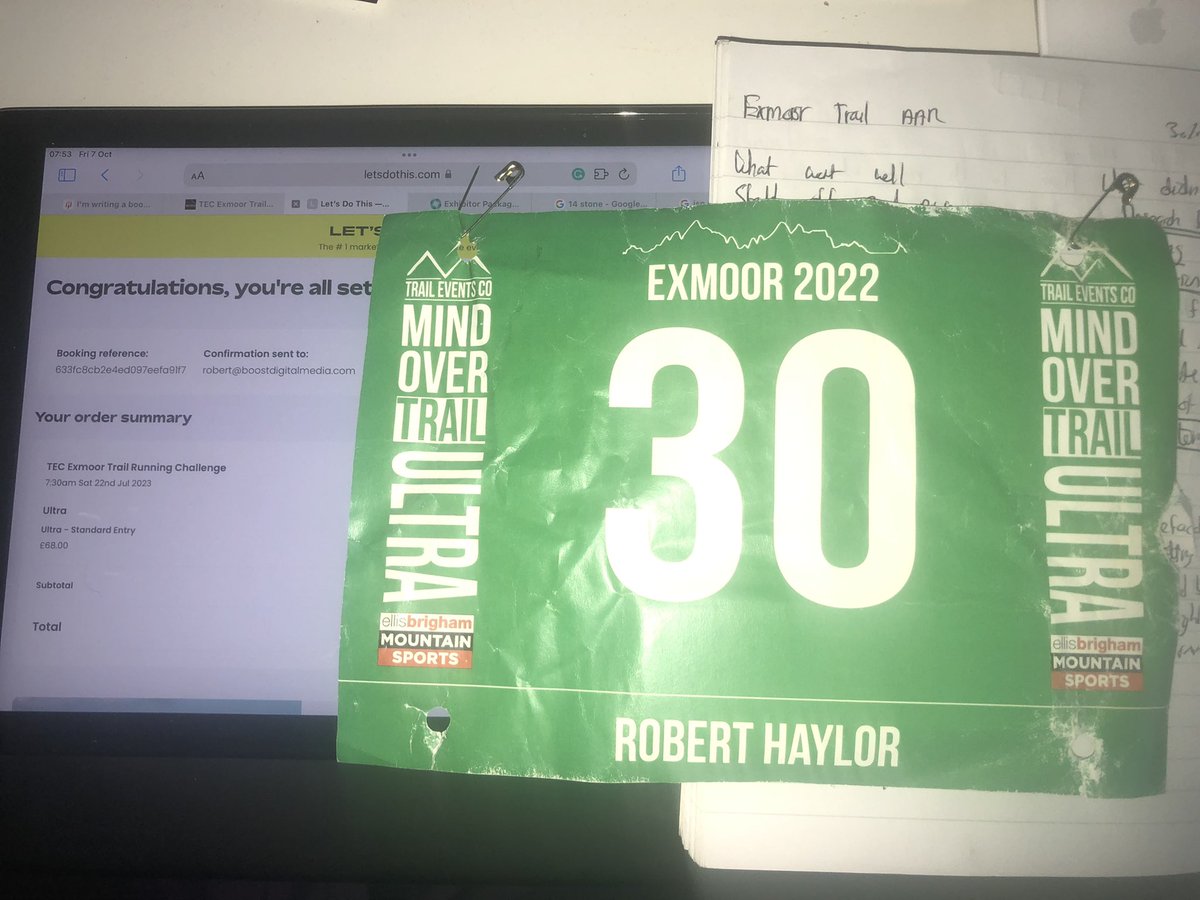 RobertHaylor's tweet photo. As I finished this years trail run with a few injuries I told myself and my partner I would return. Well this morning I reentered the Exmoor Ultra trail run on the 22nd July 2023. The countdown and training starts right now. #headingback https://t.co/OmVZUzasuv