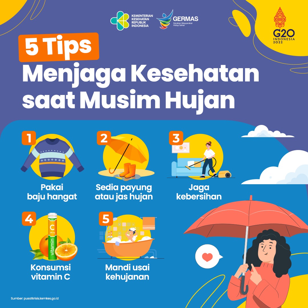 AyoSehatKemkes's tweet photo. Hi Healthies,

Memasuki musim hujan, penting bagi kita untuk memperhatikan kesehatan tubuh.

Yuk, lakukan 5 tips menjaga kesehatan saat musim hujan dalam postingan berikut ini.
#tipssehat #promkes https://t.co/OHgyQNb5N6