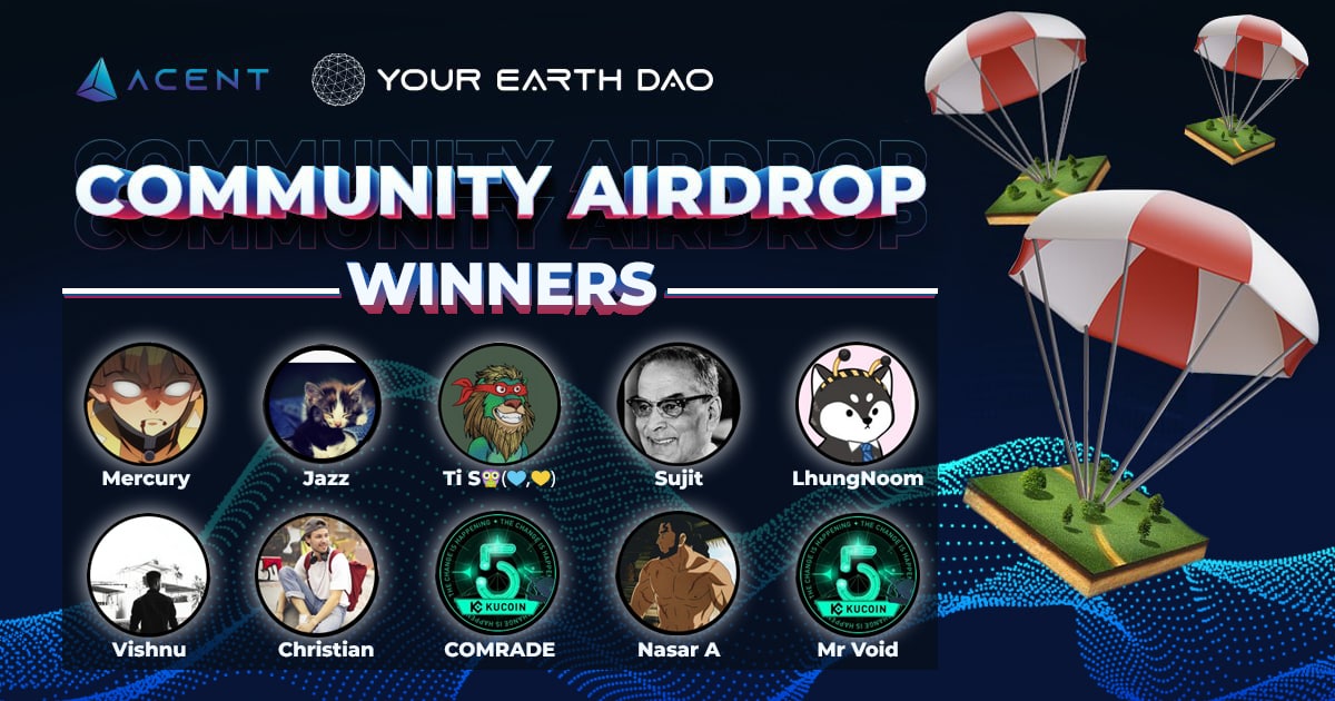 📢Announcing the Gleam Your Earth DAO Land Giveaway winners!🎁

Congratulations to all the winners above!😍

We have already sent you an email on how to claim your prize.

We thank everyone for your continued support for Your Earth DAO. 🚀Stay Tuned!

#Acent $ACE #Metaverse #NFT