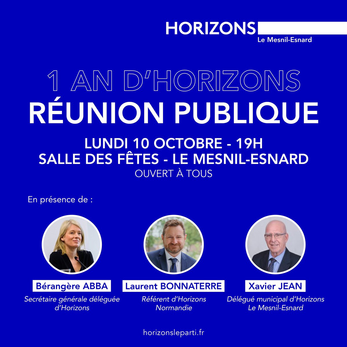 Ce week-end #Horizons fête son 1er anniversaire ! Quel incroyable développement depuis #LeHavre le 9 octobre 2021 ! Rendez-vous au #MesnilEsnard à côté de #Rouen le 10 octobre pour célébrer et développer <a href="/HorizonsLeParti/">Horizons</a> autour notamment de <a href="/b_abba/">Berangere Abba</a> déléguée générale adjointe.