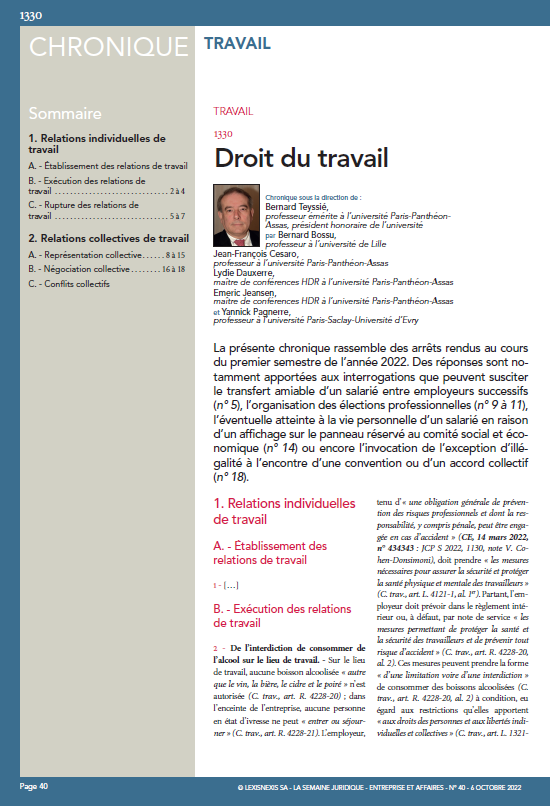 JCPEntreprise's tweet photo. #Travail - Chronique Droit du travail sous la direction de Bernard Teyssié par Bernard Bossu, Jean-François Cesaro, @lydiedauxerre, Emeric Jeansen et @YannickPagnerr1 in #JCPE n° 40 https://t.co/x1VDuy2jR5