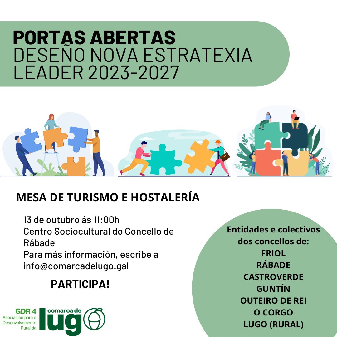 📣Mesa de Turismo e Hostalería para o deseño da nova estratexia Leader 23-27.

👥Convócanse a todas as entidades e colectivos dos municipios de: Guntín, Castroverde, Friol, O Corgo, Rábade, Outeiro de Rei e Lugo (rural).

PARTICIPA‼️