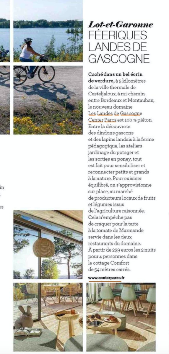 .<a href="/leparisienwe/">Le Parisien Week-End</a> consacre un beau dossier au tourisme responsable avec en prime la présentation de notre #CenterParcs Les Landes de Gascogne qui incarne parfaitement ce tourisme + durable : énergie renouvelable, mobilité douce, circuits courts… et le renouveau de notre <a href="/GroupePVCP/">GroupePVCP</a>