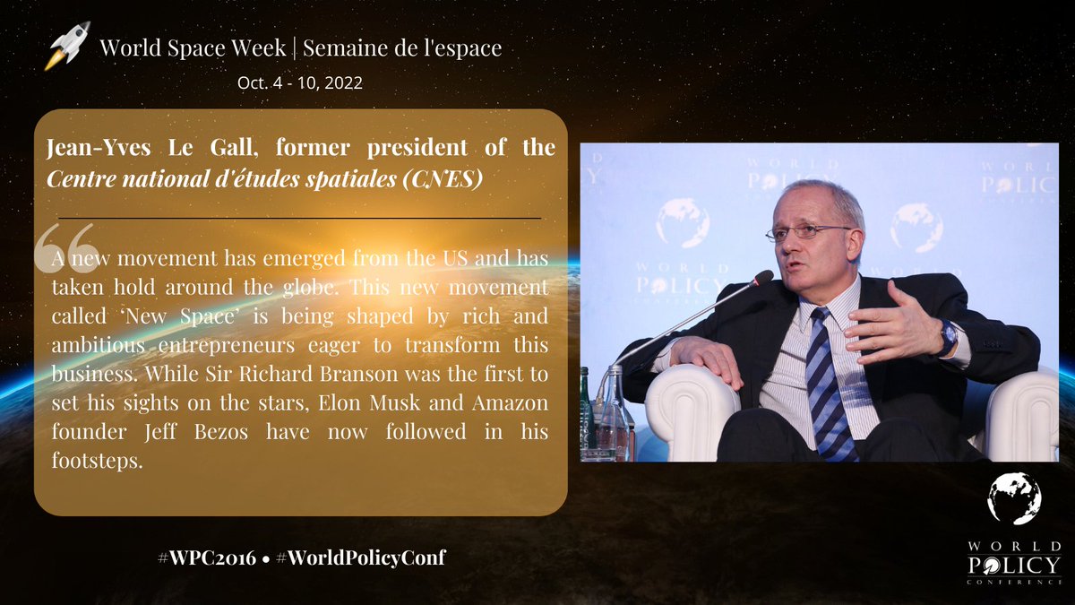 WorldPolicyConf's tweet image. ☄️@JY_LeGall then CEO of @CNES explained the concept of "New Space" at the #WPC2016, still relevant today.

🎥 Watch his intervention on our WPC TV channel ➡️ bit.ly/3M2ZldQ 

#WorldSpaceWeek🚀