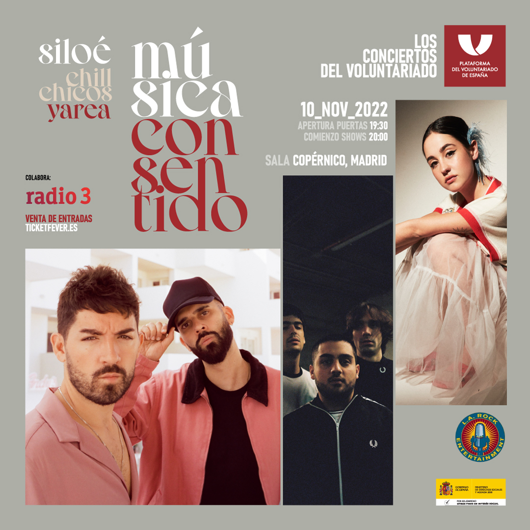 pvoluntariado's tweet photo. ‼️ Vuelve #MúsicaConSentido. La 10ª edición de los Conciertos del Voluntariado se celebrará el 10 de noviembre en la sala @ConciertosCoper de #Madrid donde actuarán @siloe_music
@chillchicos y #Yarea
👉 Entradas en https://t.co/AytEVRhVNm
Colabora @radio3_rne
@LARockEntertain https://t.co/wPI74fjtHs