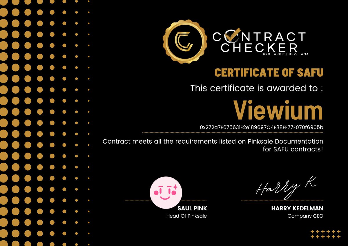Viewiumofficial's tweet photo. 📢 We are proud to announce that we have been successfully Safu Certified by @contractchecker!
👉 Check here:https://t.co/dWCOyXO4Bf
#pinksale #bsc #contractchecker #safu #binance #crypto #bitcoin #eth #nft https://t.co/otQis32IRe