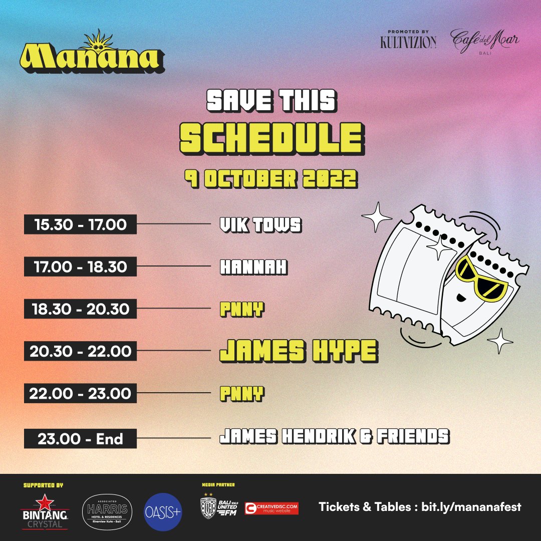 Save this schedule with you so you won’t miss any of the action at Manana Fest 🌞 Why not head to all the stages to find your new favorite song!

Tickets &amp; RSVP : bit.ly/mananafest

#MananaBali2022