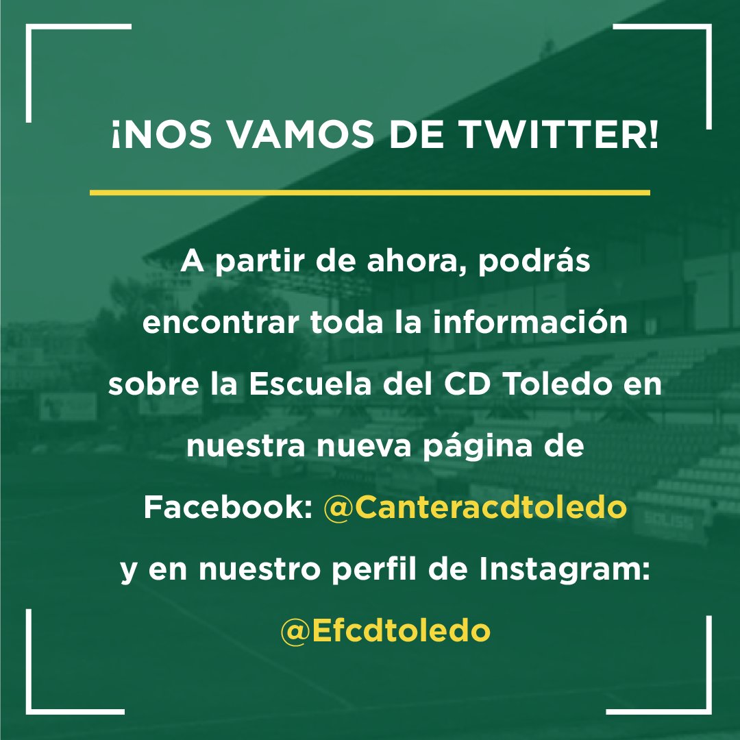 🚨 ¡Reestructuramos nuestras redes sociales! 🚨

A partir de noviembre, dejaremos de utilizar Twitter, pero nos puedes encontrar en: 

Nuestra nueva página de Facebook: bit.ly/FacebookEscuel…

Nuestro Instagram: instagram.com/efcdtoledo/

¡Síguenos y no te pierdas nada!💚⚪
