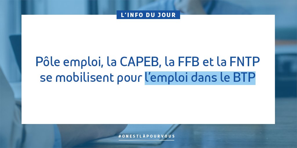 Du 10 au 14 octobre, Pôle emploi et ses partenaires se mobilisent sur tout le territoire pour l’#emploi dans le #BTP et lancent la 2e semaine nationale des #métiers du #bâtiment et des travaux publics 🏗️

Retrouvez le communiqué de presse ➡️ pole-emploi.org/accueil/commun… #TousMobilisés