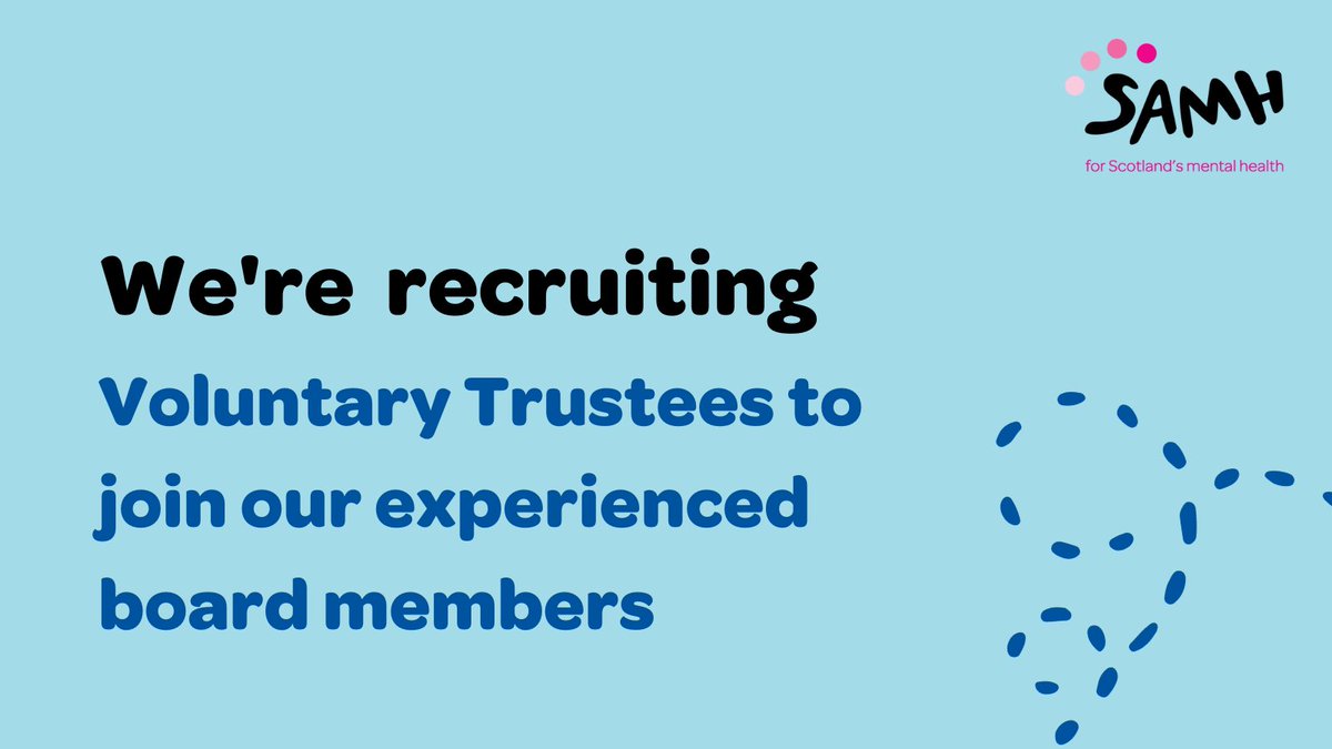 We're still accepting Trustee applications, but only until Monday!  ⏰

It's an exciting time to join SAMH. We'll be celebrating our centenary next year and are in the early stages of implementing our bold "We Won't Wait" strategy. 

Find out more: ow.ly/1jIy50L41Mb
