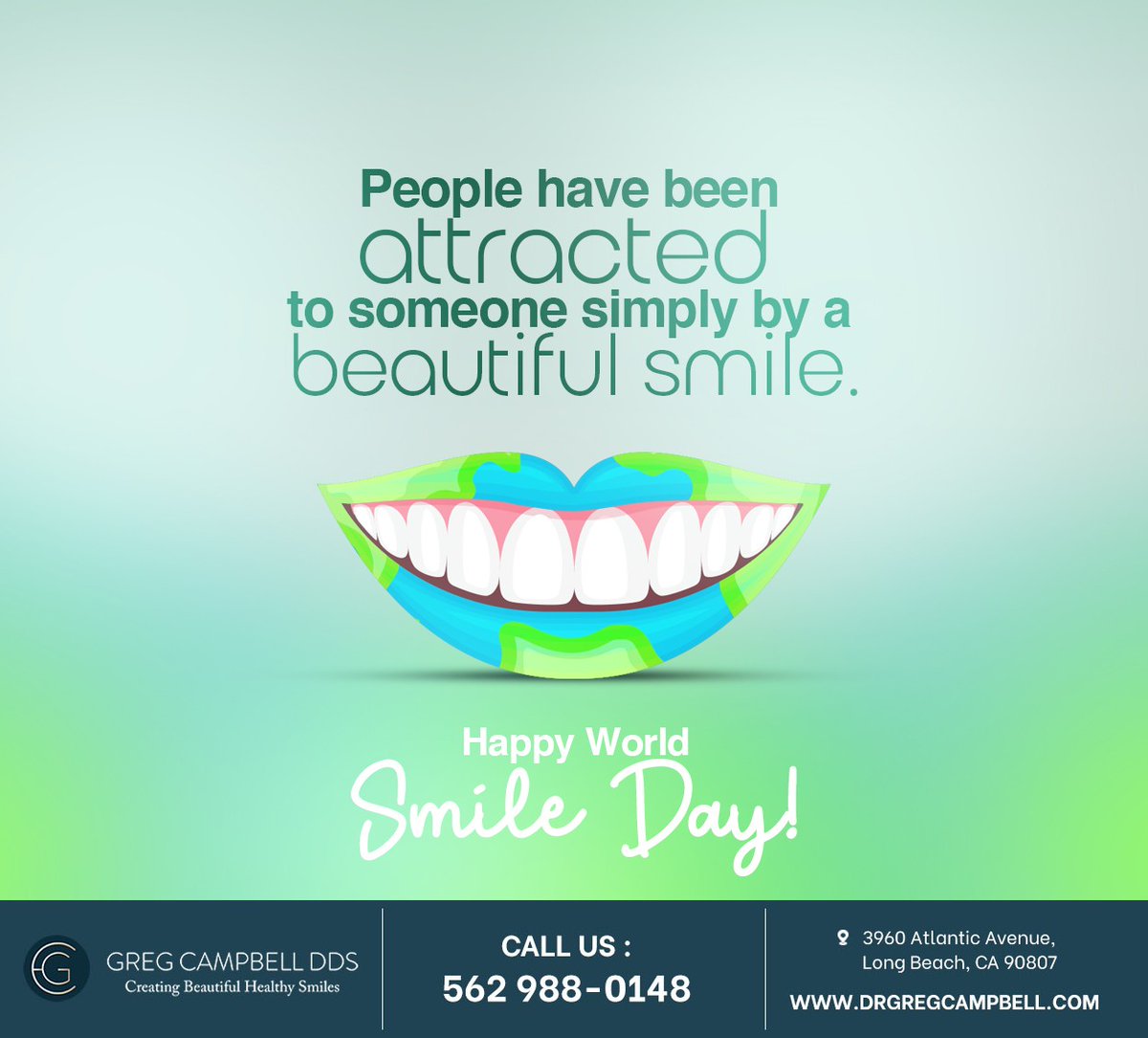 DdsCampbell's tweet photo. People are drawn to you because of your smile. We love to make you smile brightly. Call 562 988-0148 to take care of your smile so it will be remembered. #worldsmileday #gregcampbelldds #longbeach #CA https://t.co/7CV8hUW3ab