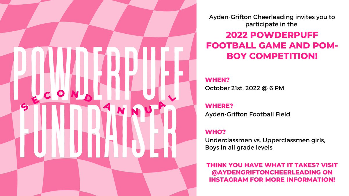 Its that time of year, Powderpuff Football time!!!! It will be October 21st at 6 PM!!!! #aghschargers #aydennc #chargingtowardsexcellence #griftonnc