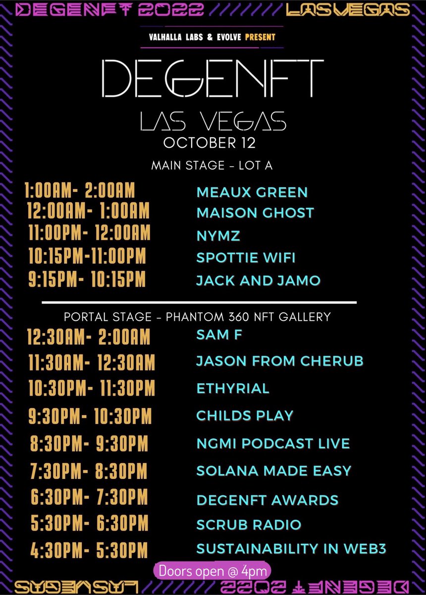 degenftevents's tweet photo. ✨FEAST YOUR EYES✨
DegeNFT Las Vegas 
October 12-13th 

Not to mention the dozens of fun things happening  throughout the venue:

Project Activations…Hop in the FULL SIZED Boxing Ring for Sumo Wrestling…Worlds Largest Shoey Toast…Scavenger Hunts...Games…&amp; more surprises 🎰🎉 https://t.co/RAnBNCNJJw