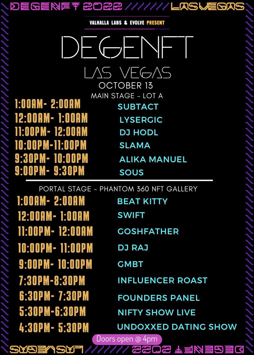 degenftevents's tweet photo. ✨FEAST YOUR EYES✨
DegeNFT Las Vegas 
October 12-13th 

Not to mention the dozens of fun things happening  throughout the venue:

Project Activations…Hop in the FULL SIZED Boxing Ring for Sumo Wrestling…Worlds Largest Shoey Toast…Scavenger Hunts...Games…&amp; more surprises 🎰🎉 https://t.co/RAnBNCNJJw