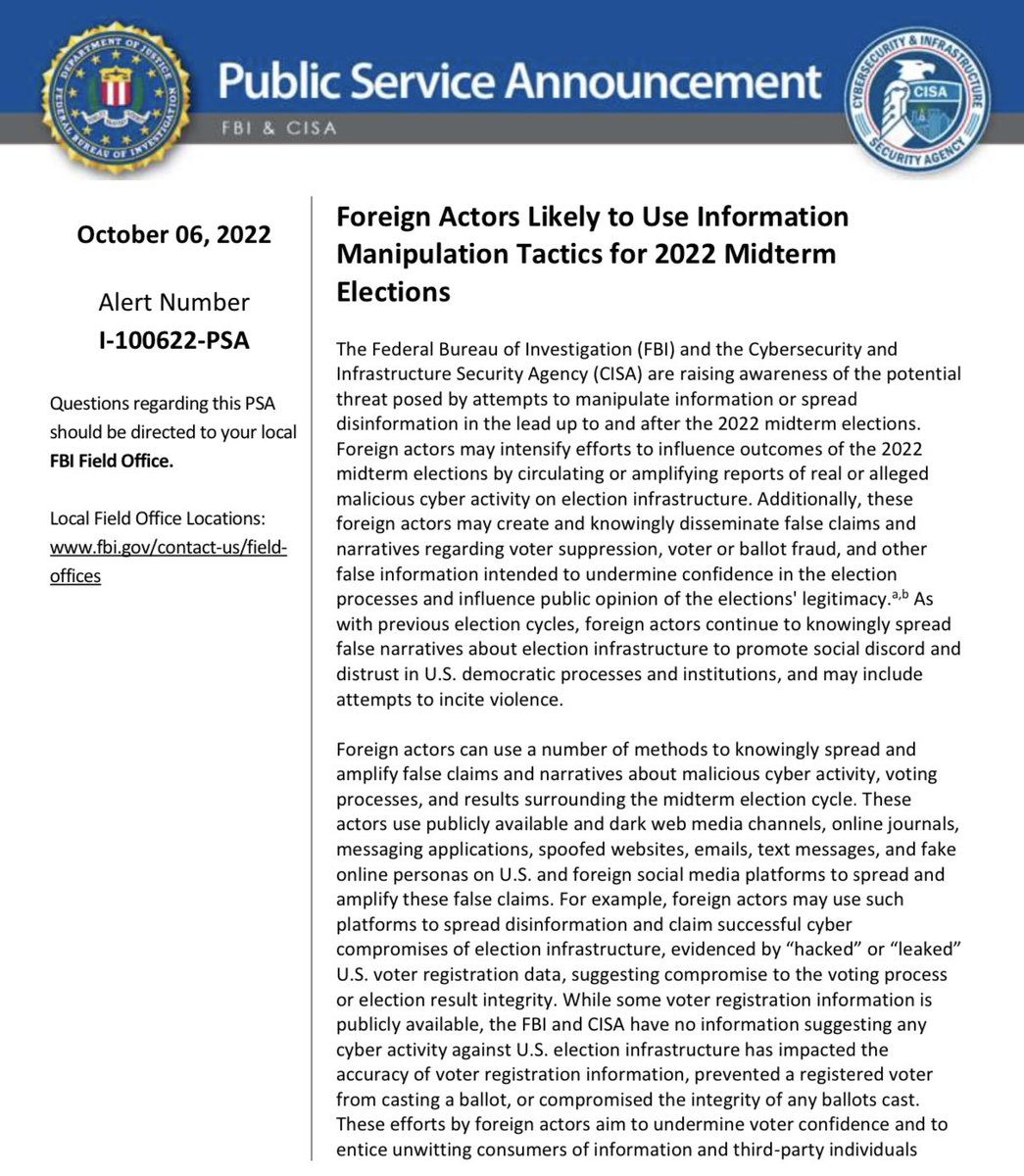 🚨Foreign actors may intensify efforts to spread disinformation surrounding the midterms to promote distrust in US democratic processes. Review this PSA &amp; take steps to stay vigilant against malicious foreign influence campaigns: go.dhs.gov/ZTD