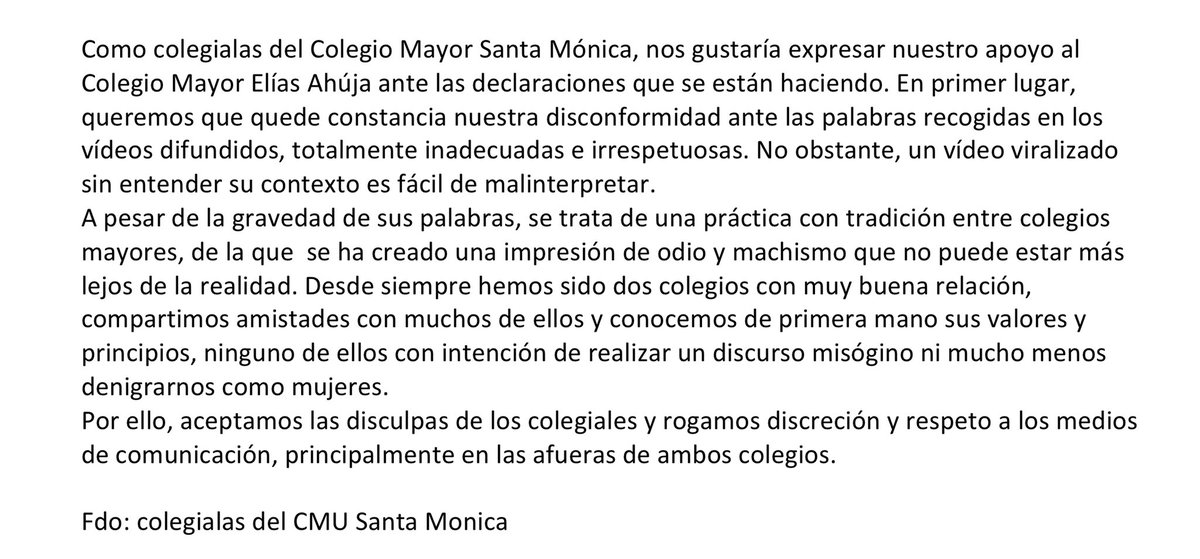 TamayoOnLine's tweet photo. Cuando desde el Colegio Mayor #SantaMonica,se emite un comunicado como ESTE (😳) defendiendo a sus compañeros del #EliasAhuja,es que algo estamos haciendo mal... muy mal
Dónde han quedado los #valores como la #igualdad o el #respeto?
Primero educación y valores, luego universidad https://t.co/9zr640ij3d