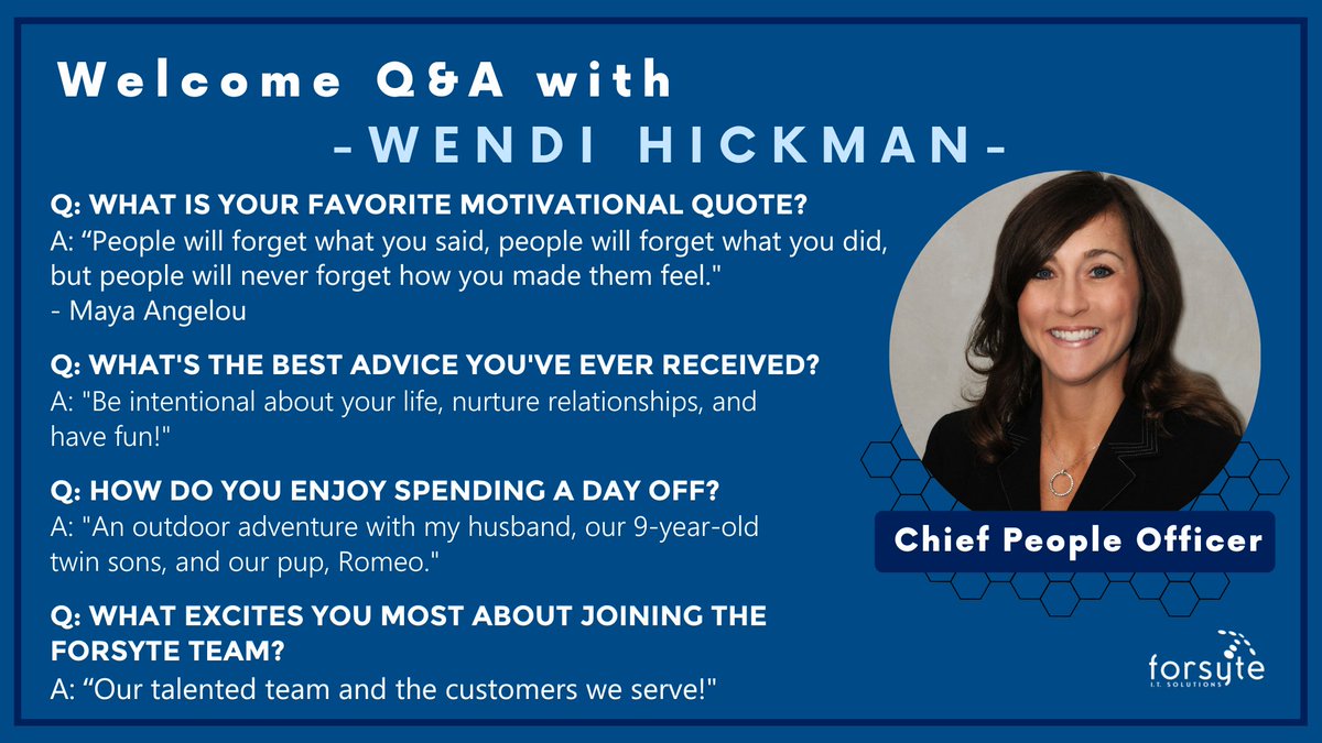 Please join us in welcoming Forsyte's Chief People Officer, Wendi Hickman, to the team!

Wendi joins us with many years of experience in human resources and communication and is eager to support the success of Forsyte and our customer-centric approach. 🎉
