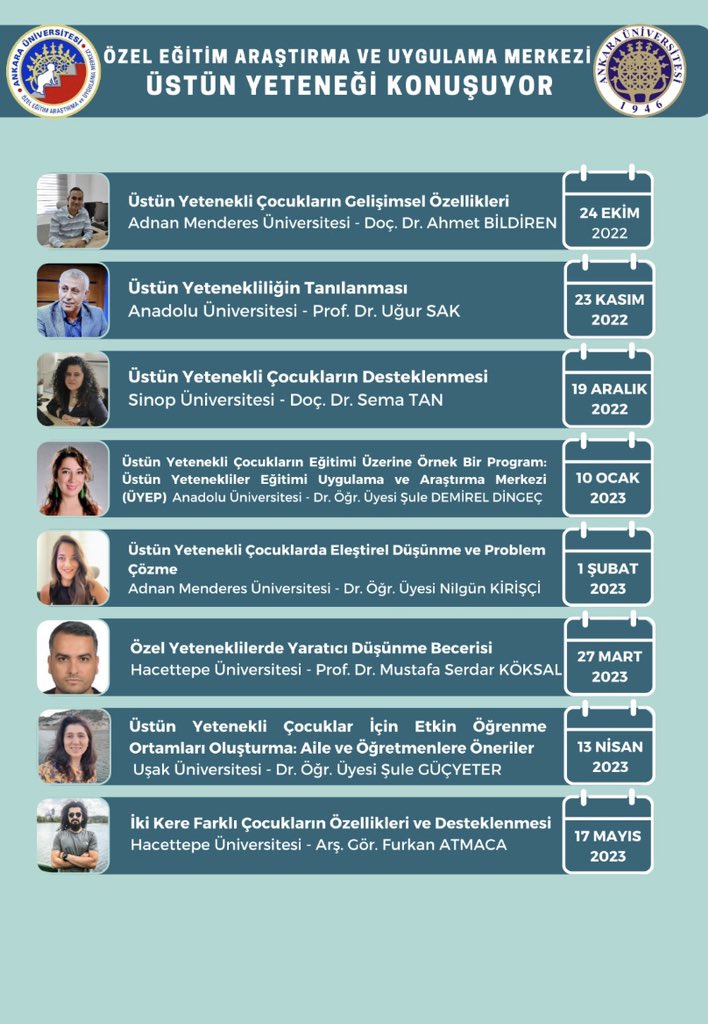AuOeaum's tweet photo. 2022-2023 Akademik Yılında özel eğitim alanında sık ele alınmayan “Üstün Yetenekli Çocuklar” konusunun tüm boyutlarını konuşacağız. Etkinliklerimizde görüşmek dileğiyle… https://t.co/oRhrPdyDBy